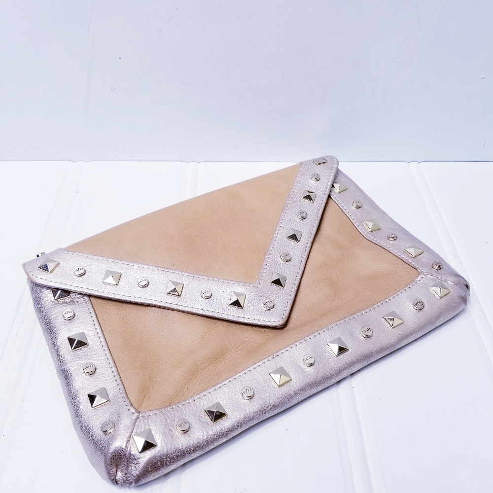 Elaine Turner Tan Gold Studded Envelope Clutch Purse Crown Studs Pink Lining
